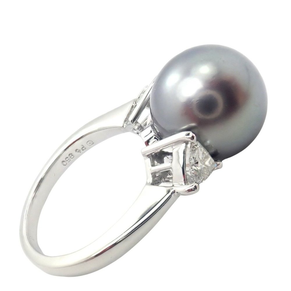 Rare! Mikimoto Platinum .5ctw Diamond 12mm Tahitian South Sea Pearl Heart Ring - Picture 3 of 10